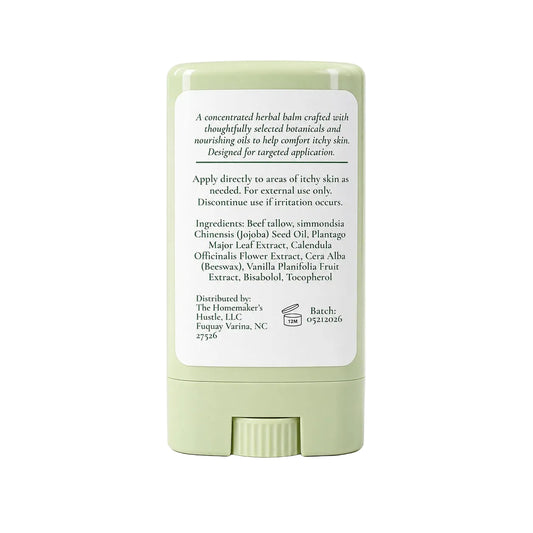 Back of Everstill Rescue Herbal Itch Support Balm showing ingredients, directions, batch information, and distributor details.