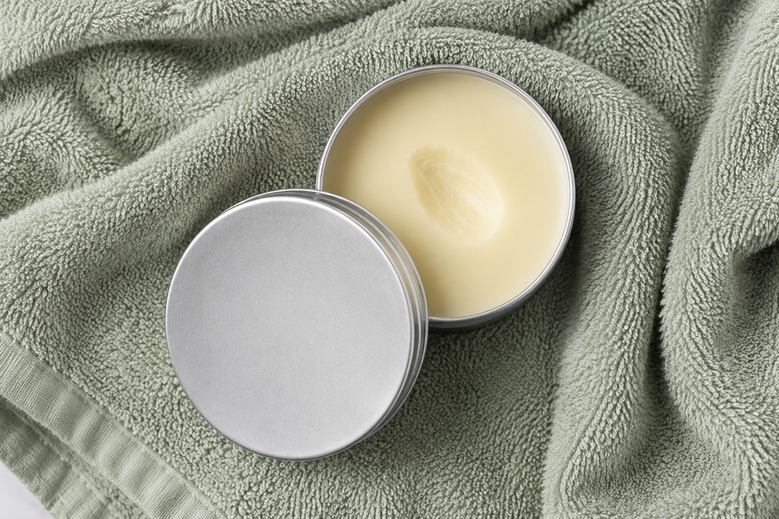 Open tin of pale tallow balm resting on a soft sage green towel, with the silver lid placed beside it.
