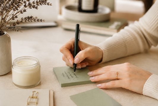 Feminine hands with nude-pink nails write on sage green notes with a forest green pen beside a jar of tallow balm, dried botanicals, and cream desk accessories.
