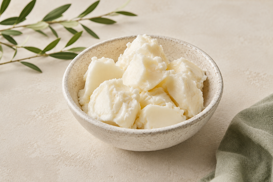Creamy rendered tallow in a speckled ceramic bowl on a cream surface with sage linen and green leaves.