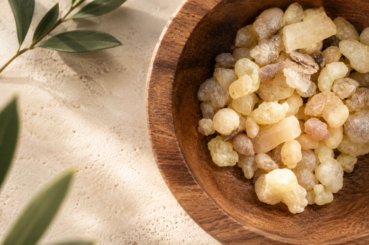 Frankincense resin in a wooden bowl on a warm cream surface with soft green botanical accents.