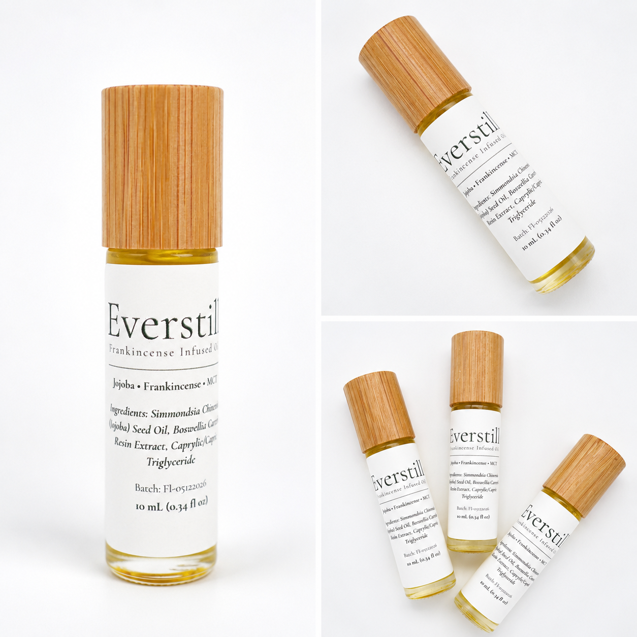 Collage featuring Everstill Frankincense & Myrrh infused oil roller bottles, including single product, and multi-bottle lifestyle views.