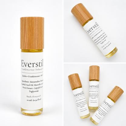 Collage featuring Everstill Frankincense & Myrrh infused oil roller bottles, including single product, and multi-bottle lifestyle views.