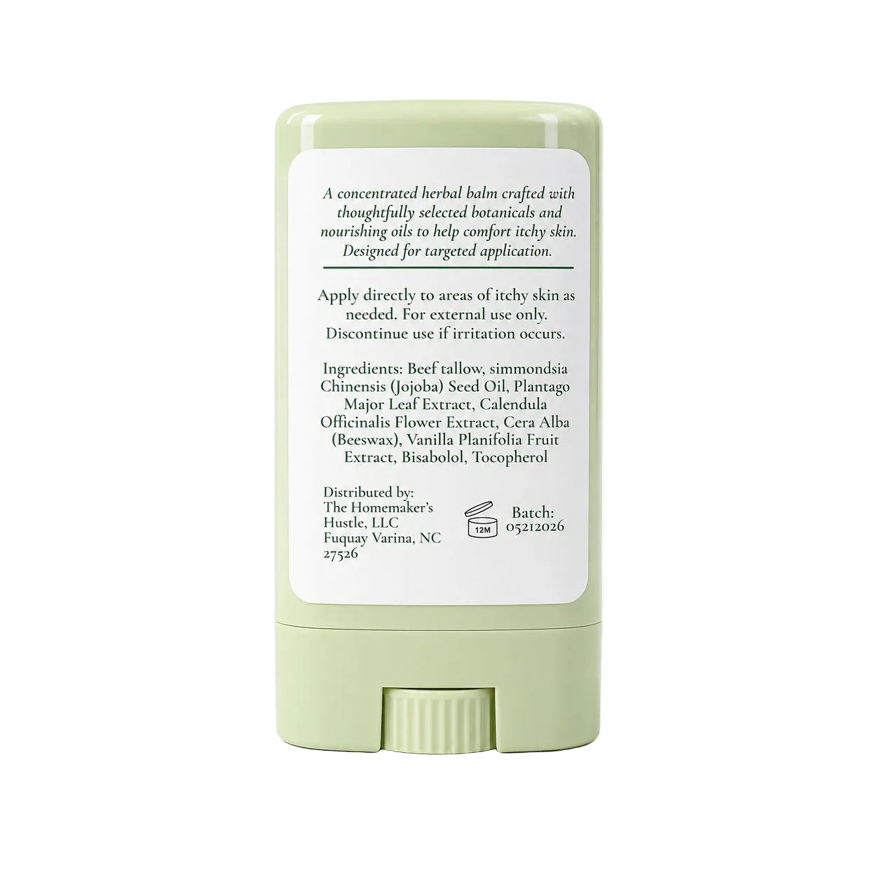 Back of Everstill Rescue Herbal Itch Support Balm showing ingredients, directions, batch information, and distributor details.