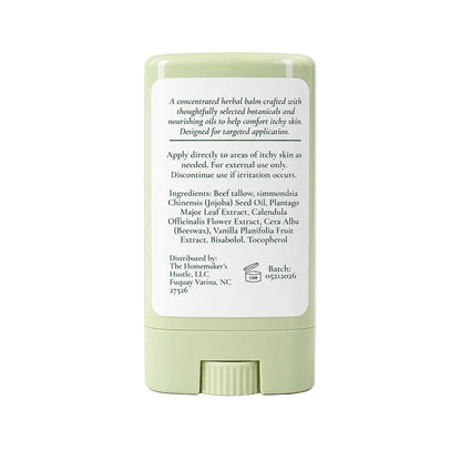 Back of Everstill Rescue Herbal Itch Support Balm showing ingredients, directions, batch information, and distributor details.