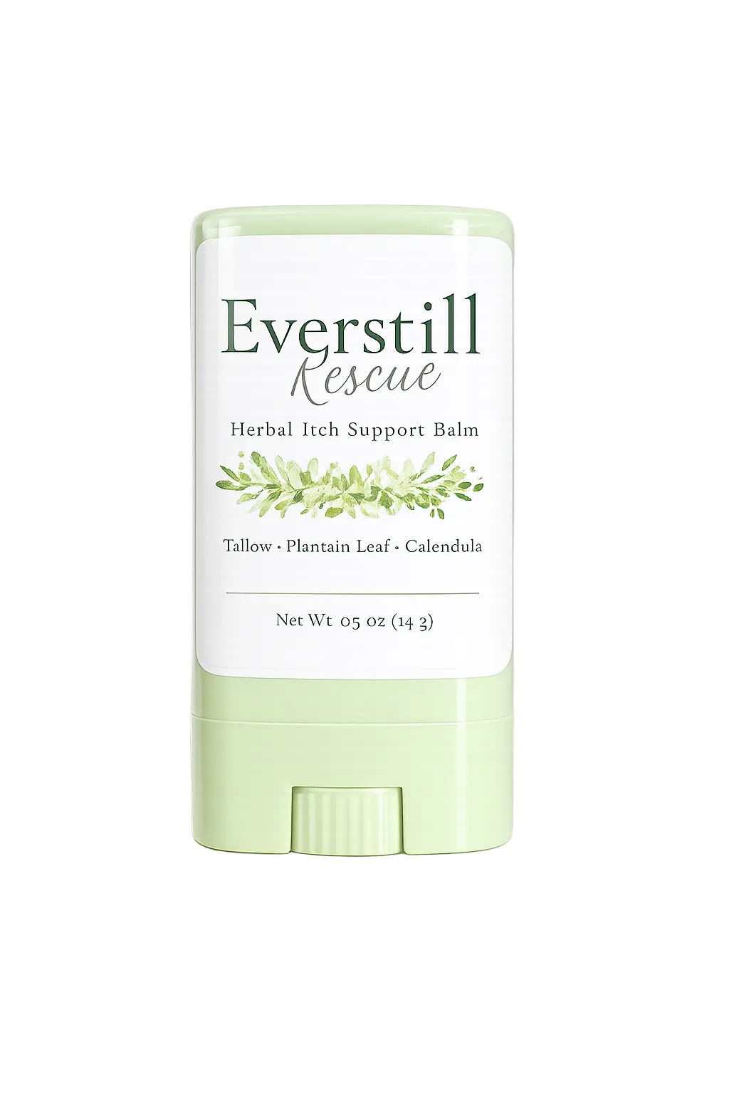 Everstill Rescue Herbal Itch Support Balm in a balm stick applicator with plantain and calendula botanicals.