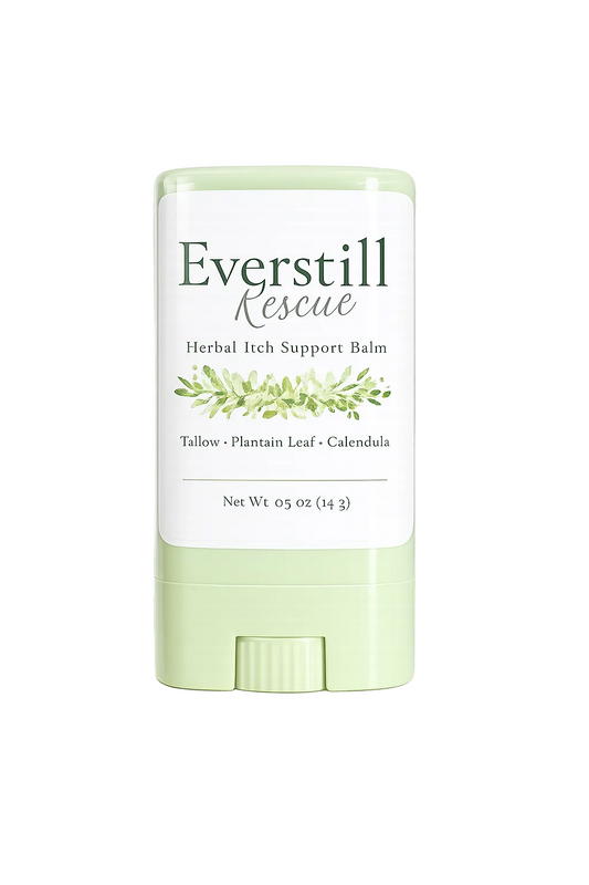 Everstill Rescue Herbal Itch Support Balm in a balm stick applicator with plantain and calendula botanicals.