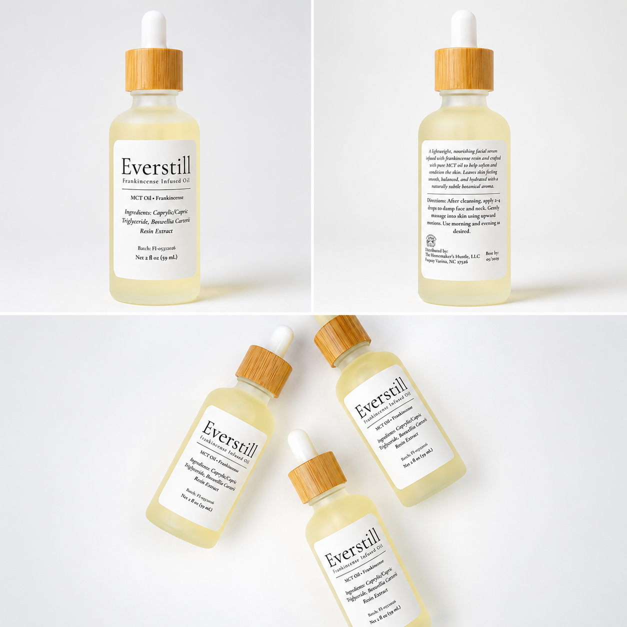 Collage of Everstill Frankincense resin Infused Oil showing front and back product labels and lifestyle views of the frosted glass dropper bottle.