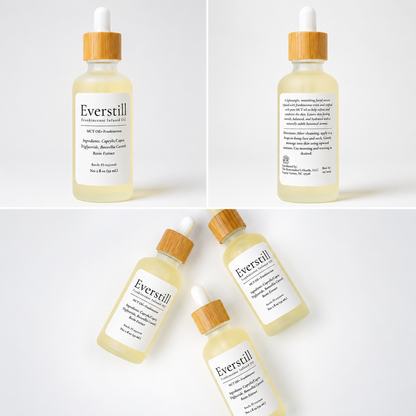 Collage of Everstill Frankincense resin Infused Oil showing front and back product labels and lifestyle views of the frosted glass dropper bottle.