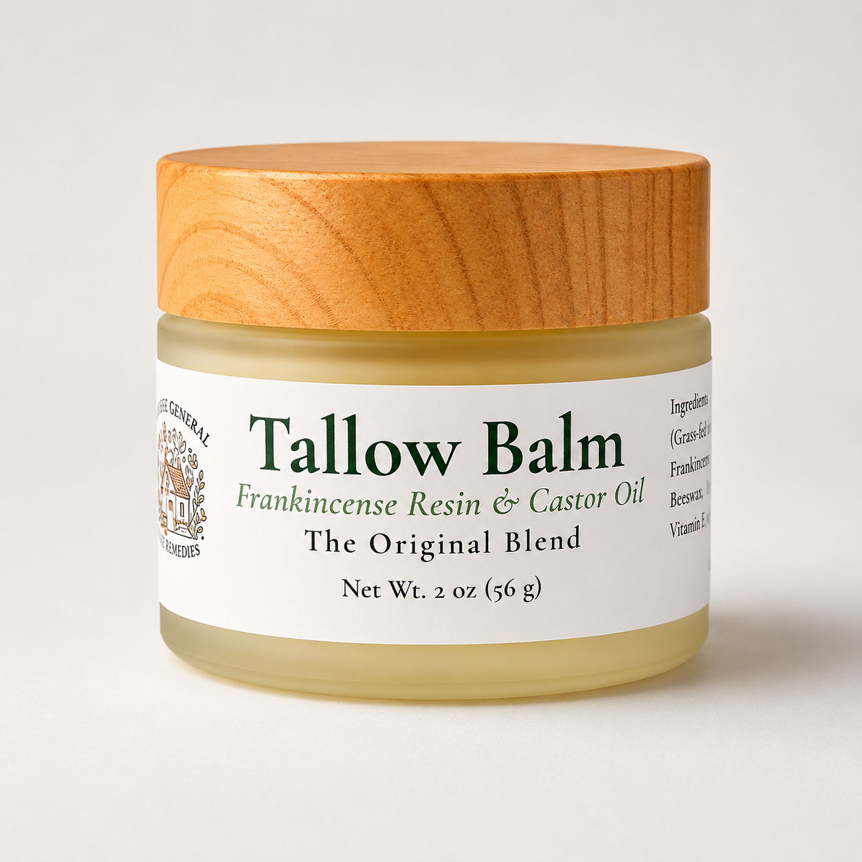 A frosted jar with a wood grain lid and a white label on a light colored background